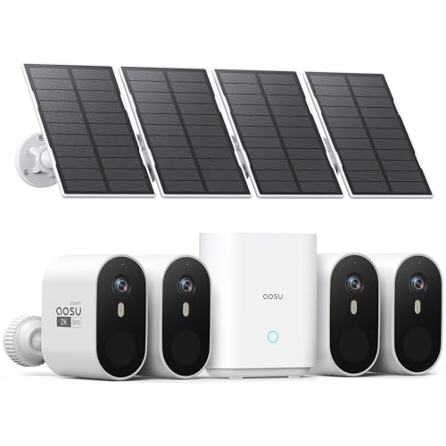 AOSU Solar Security Cameras Wireless Outdoor, 2K QHD Home Security System, 4-Cam Kit with 166° Ultra-Wide View, Cam-to-Cam Sync, 32GB Homebase Local Storage, Color Night Vision, No Monthly Fee